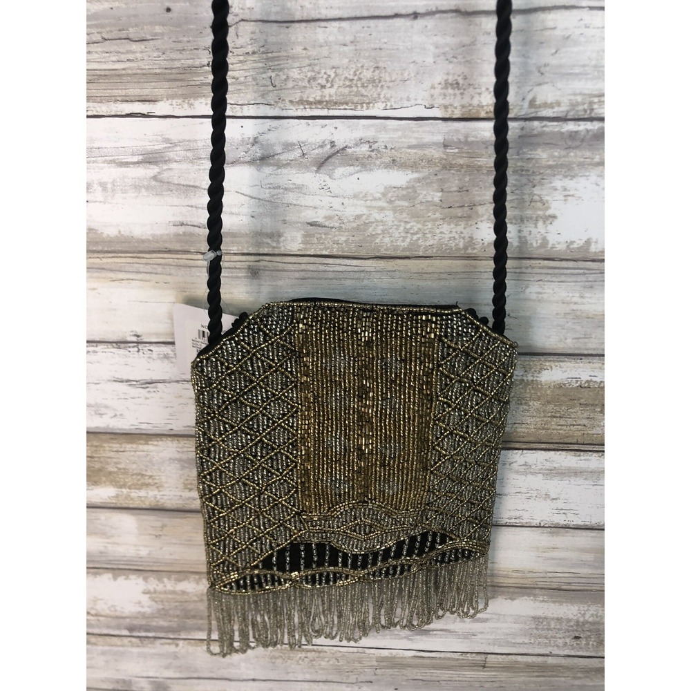 Nordstrom‎ Beaded Purse Black Silver Holiday NYE Art Deco Style Crossbody Bag